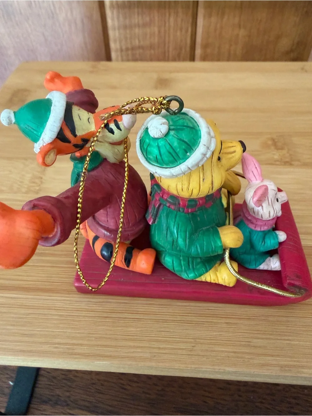 Vintage Disney Winnie the Pooh Tigger Piglet Sled Christmas Wood Ornament 2002